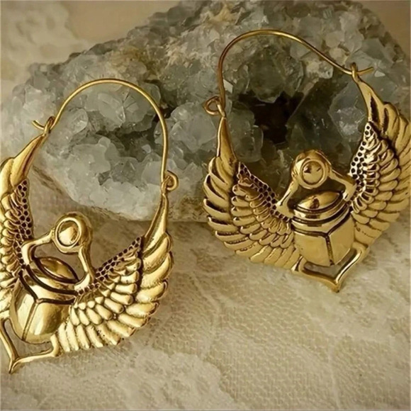 Beetle ONYX BRASS EARRINGS - EGYPTIAN RALISMAN INSECT JEWELRY - Picture 1 of 5